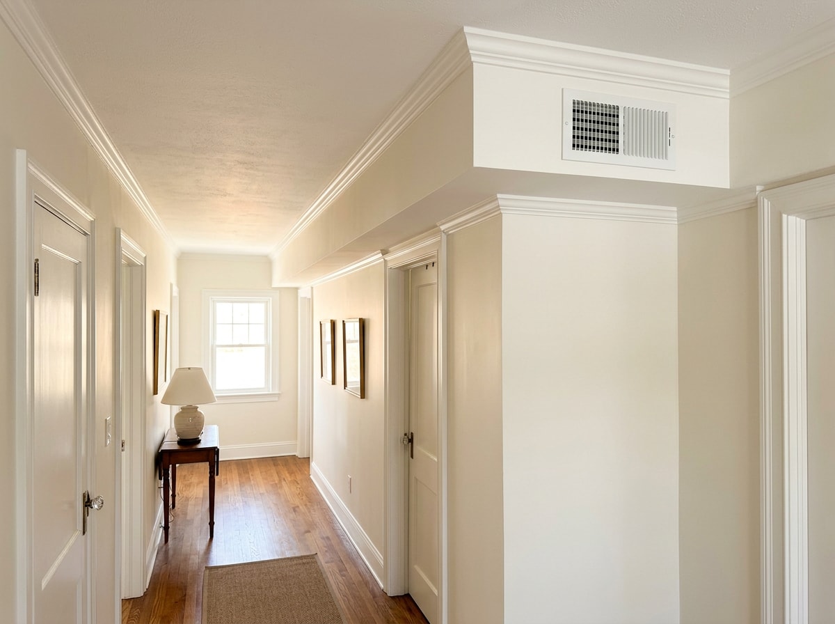 Retrofit duct run concealed inside a finished soffit in an older Long Island home