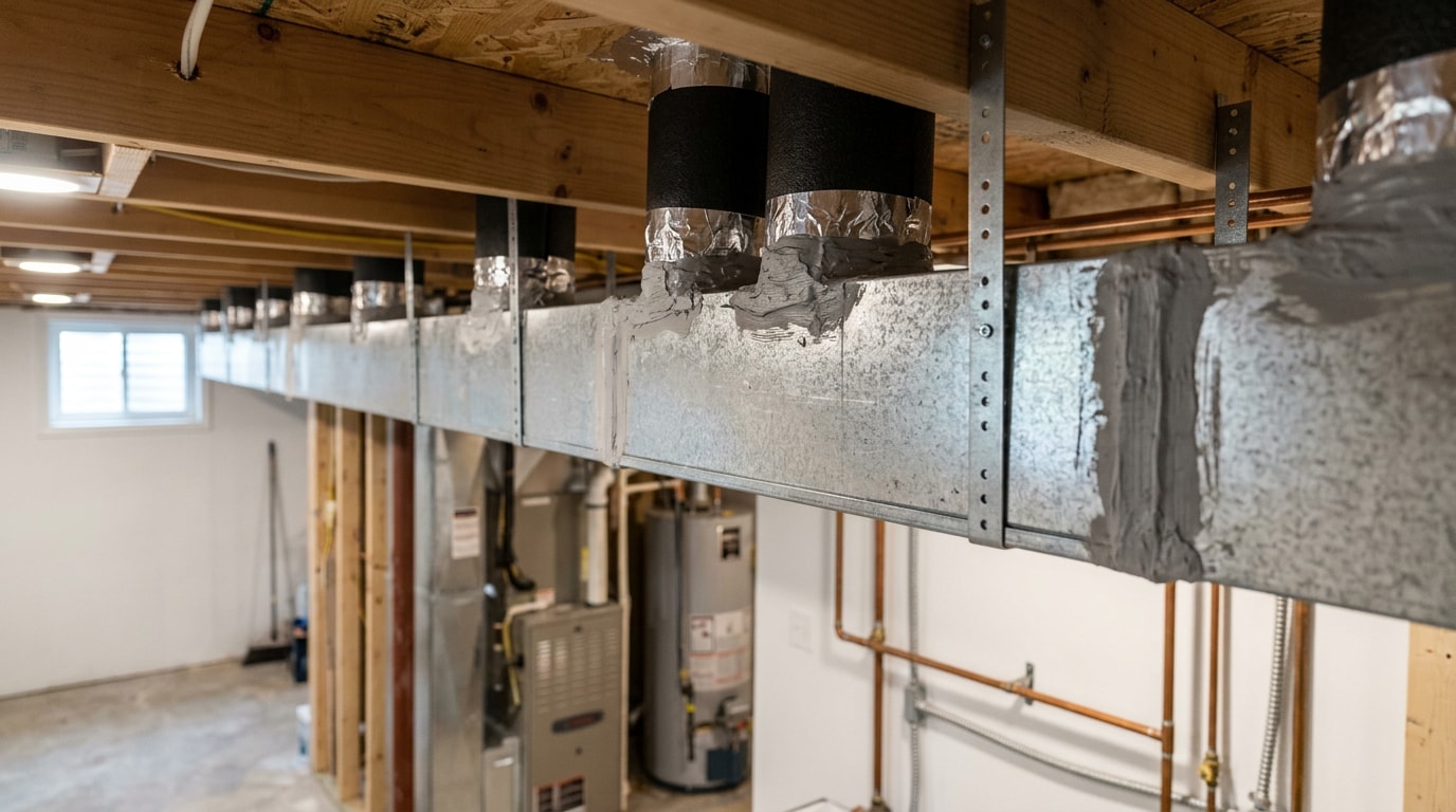 Newly installed sheet metal HVAC trunk duct in a Nassau County home basement Newly installed sheet metal HVAC trunk duct in a Nassau County home basement