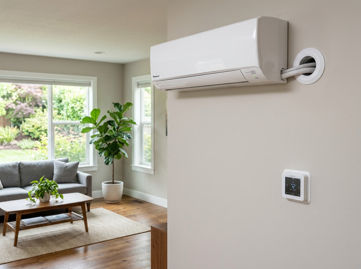 Ductless mini-split indoor head mounted on a wall with matching outdoor condenser on a Suffolk County home