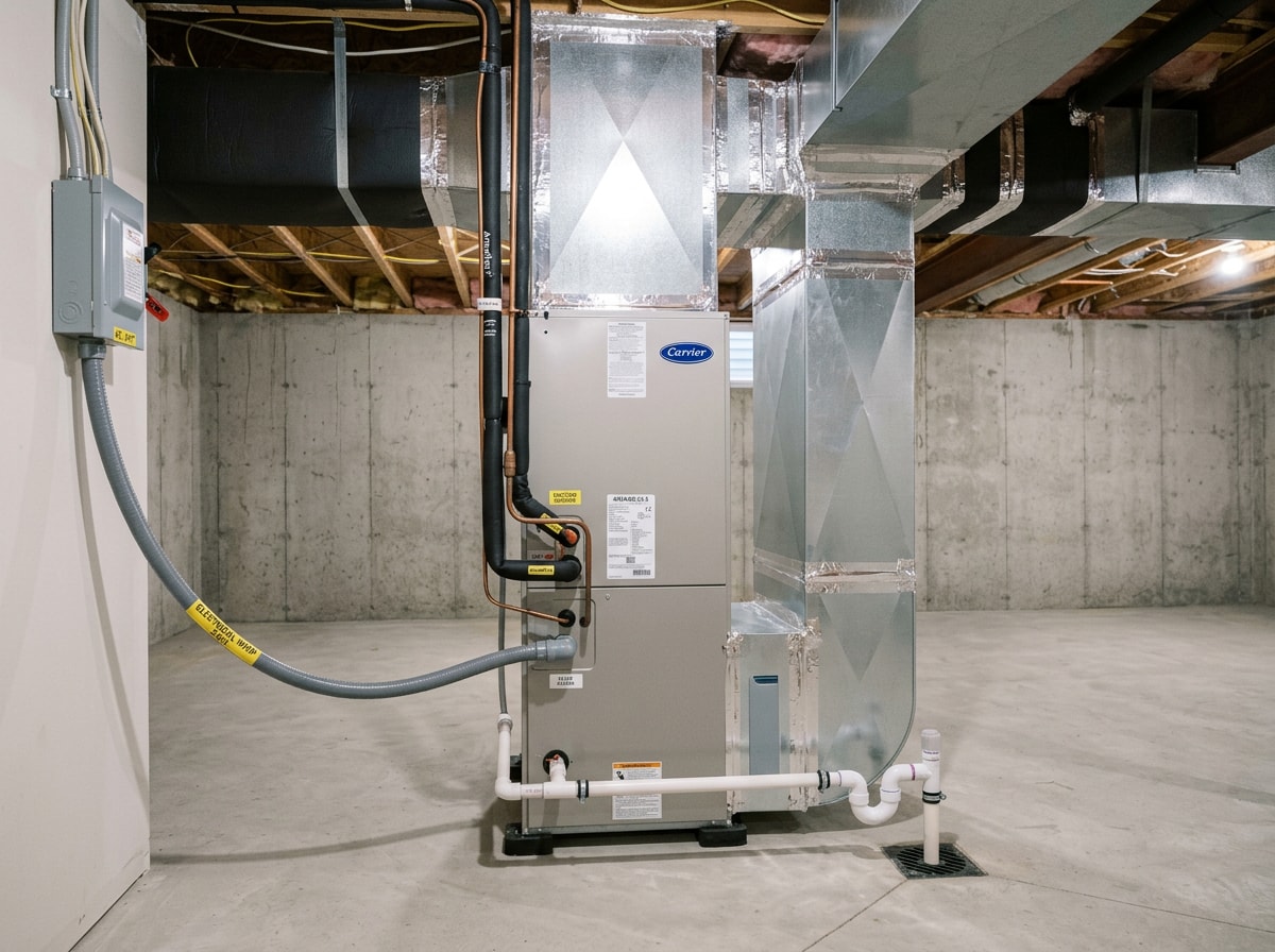 Newly installed outdoor heat pump condenser on a raised pad with insulated line set and electrical disconnect