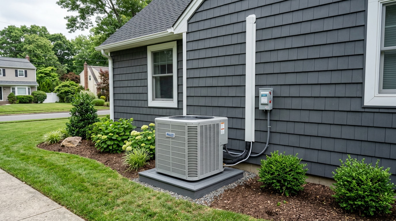 Newly installed outdoor heat pump condenser beside a Suffolk County home Newly installed outdoor heat pump condenser beside a Suffolk County home