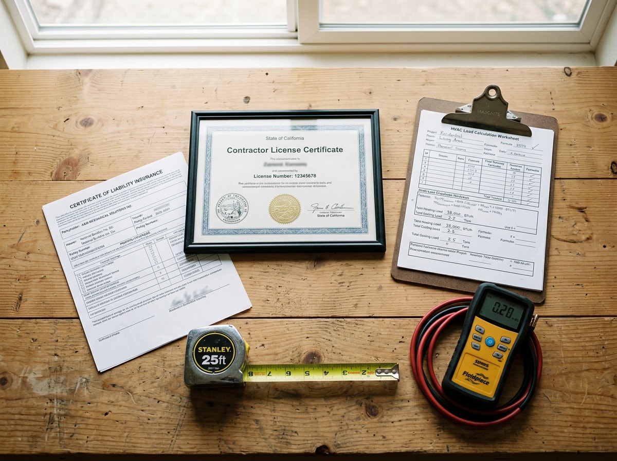 Nassau County contractor license certificate and certificate of insurance laid out on a clean workbench