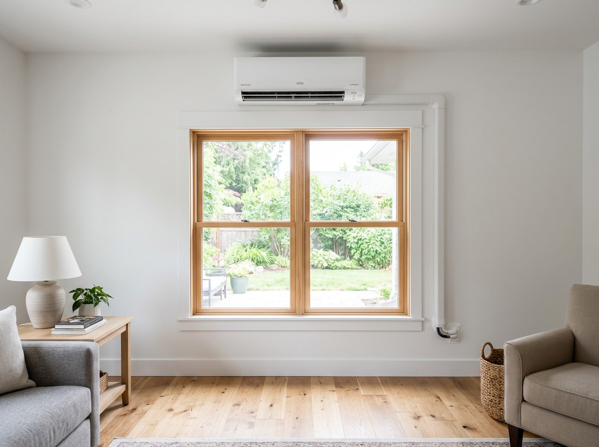 Wall mounted ductless mini split head installed above a window in a finished living room