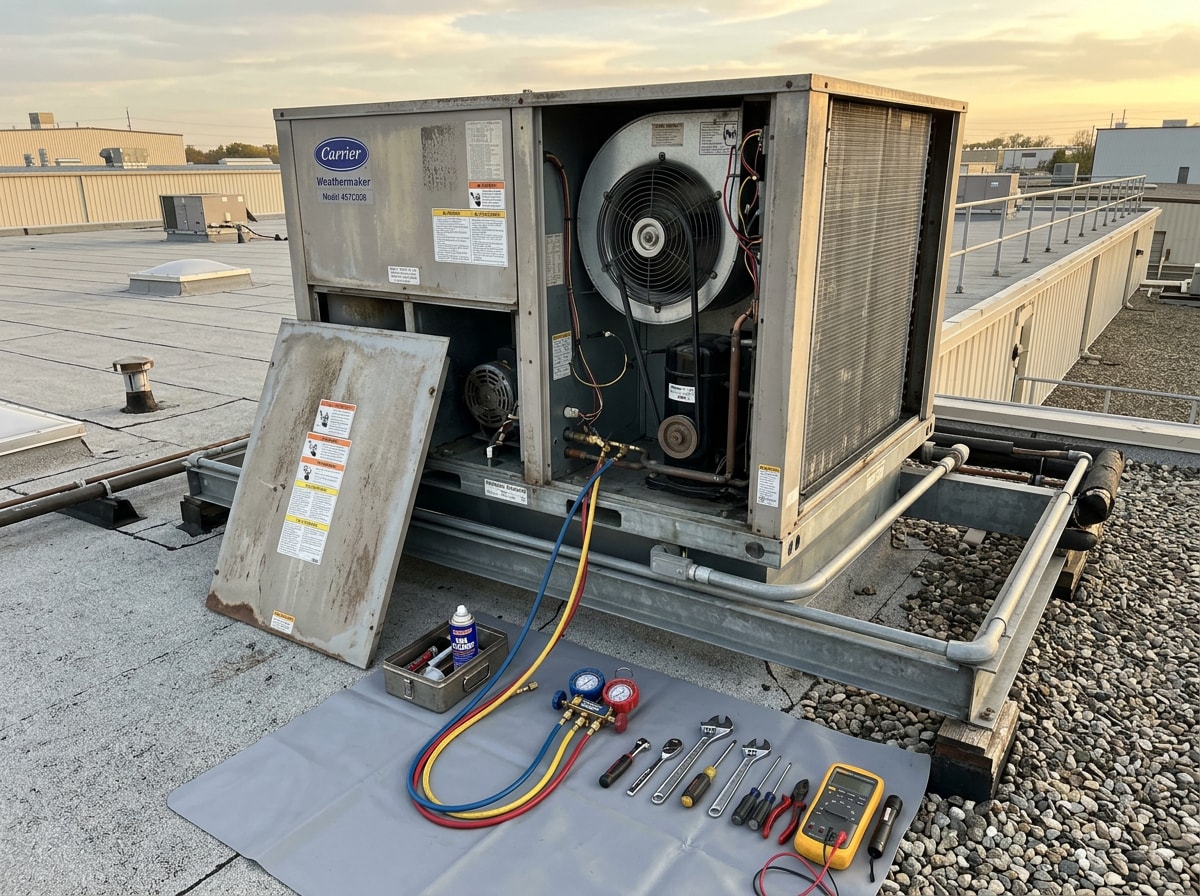 Technician tools and gauges staged on a commercial rooftop HVAC unit with access panel removed