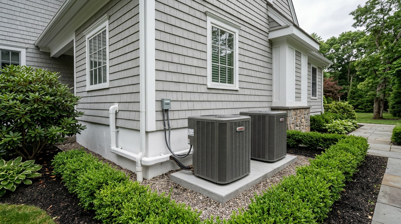Two newly installed AC condenser units beside a Long Island home in Oyster Bay, NY Two newly installed AC condenser units beside a Long Island home in Oyster Bay, NY