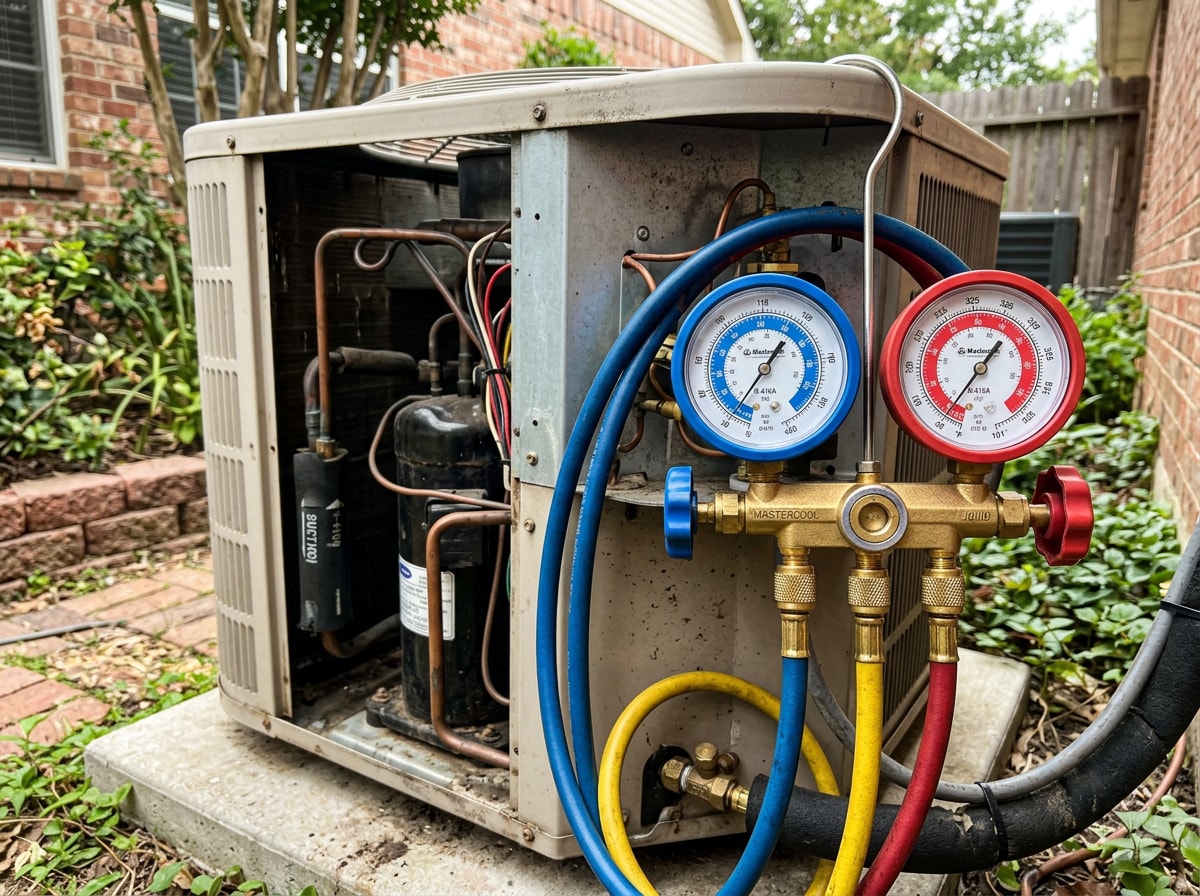 Technician's gauges connected to an outdoor condenser during a maintenance visit