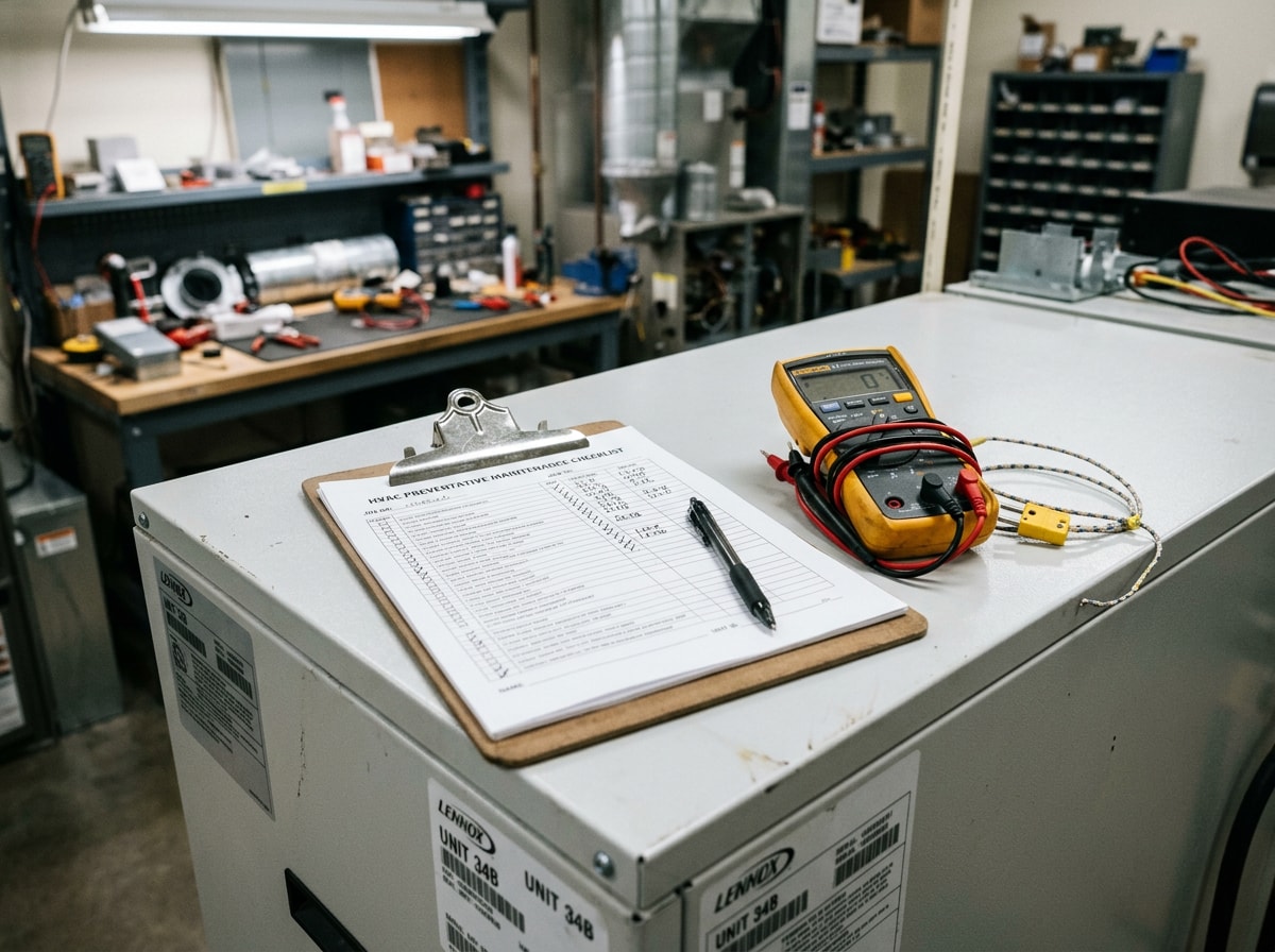 Close-up of a service technician's tune-up readings and completed maintenance checklist on a clipboard