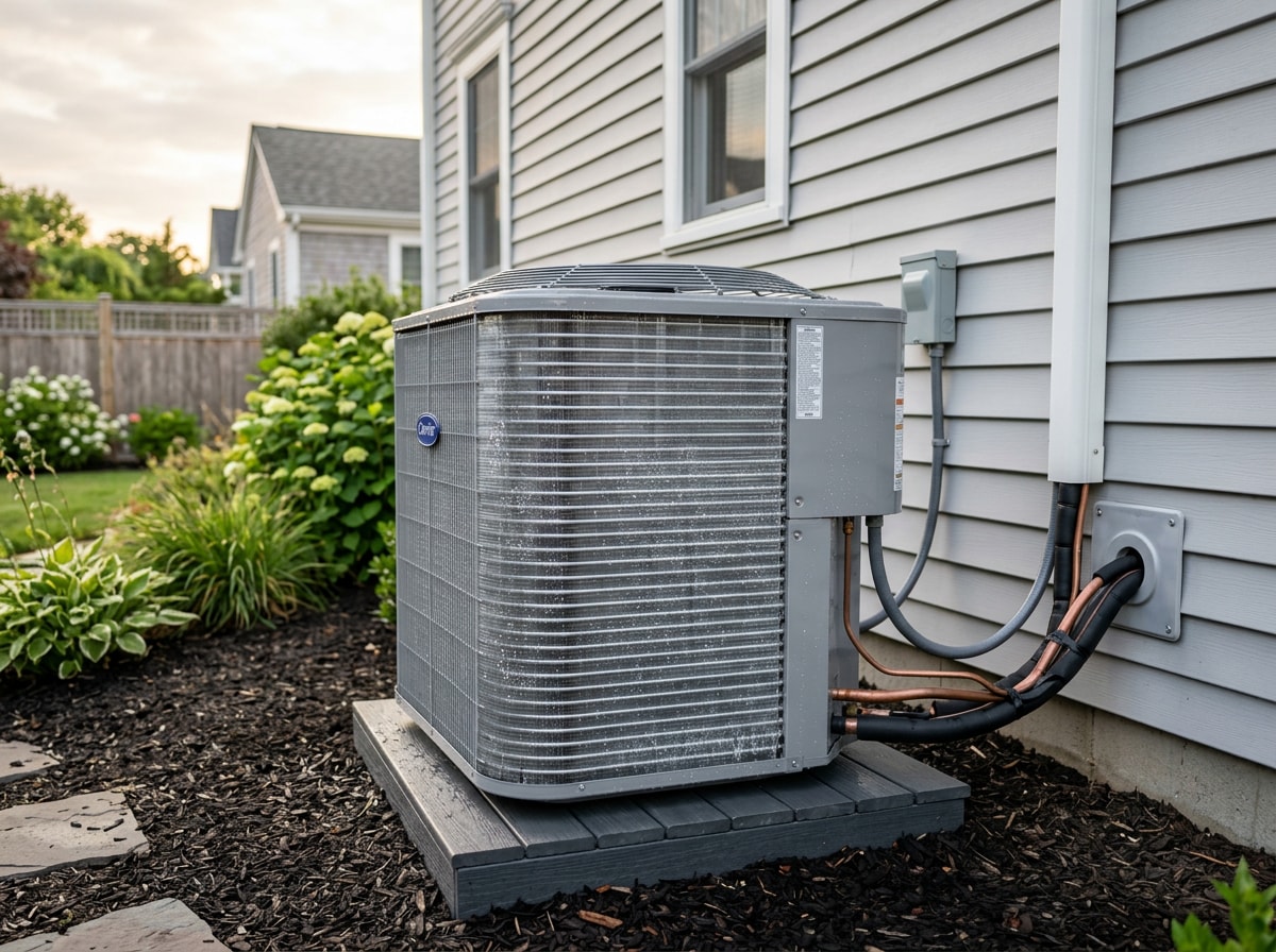 Outdoor condenser unit with clean coils and tidy refrigerant line set beside a suburban home
