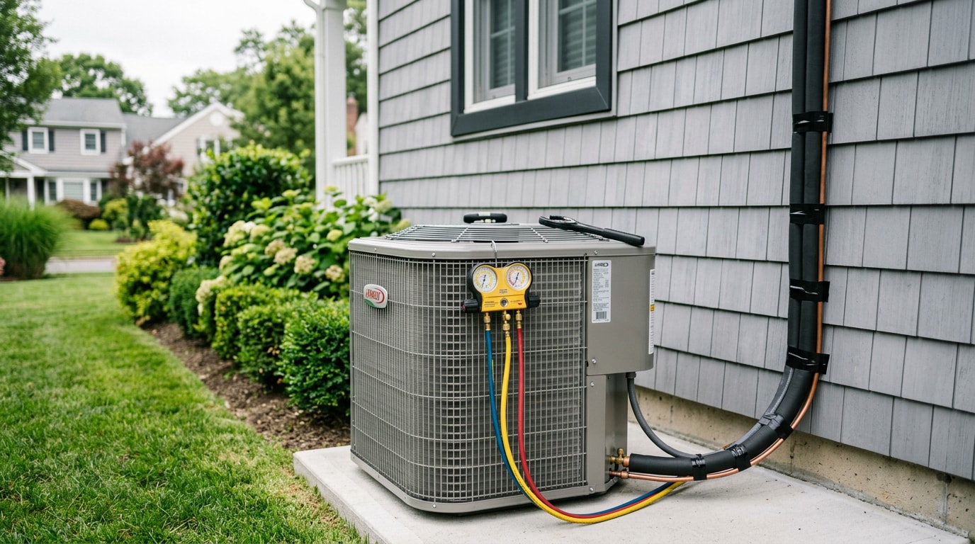 Freshly serviced outdoor AC condenser unit at a Mount Sinai, NY home Freshly serviced outdoor AC condenser unit at a Mount Sinai, NY home