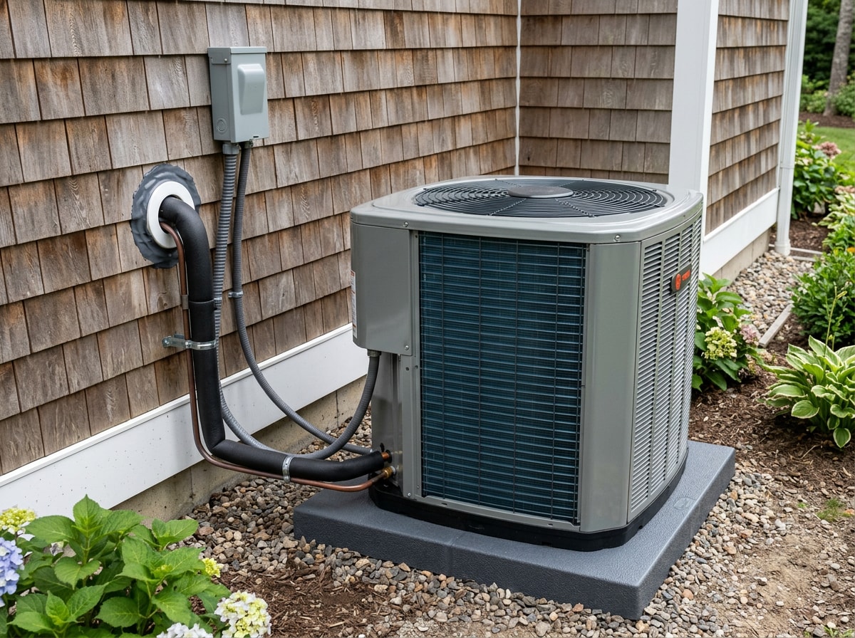 Outdoor heat pump condenser installed on a composite pad beside a shingled Montauk home