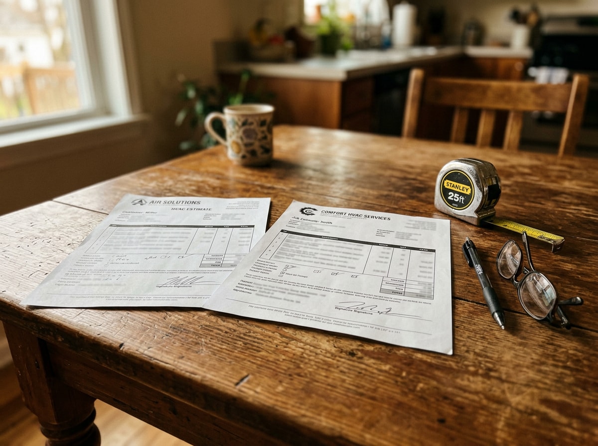Two printed HVAC estimates laid side by side on a kitchen table with a tape measure and pen