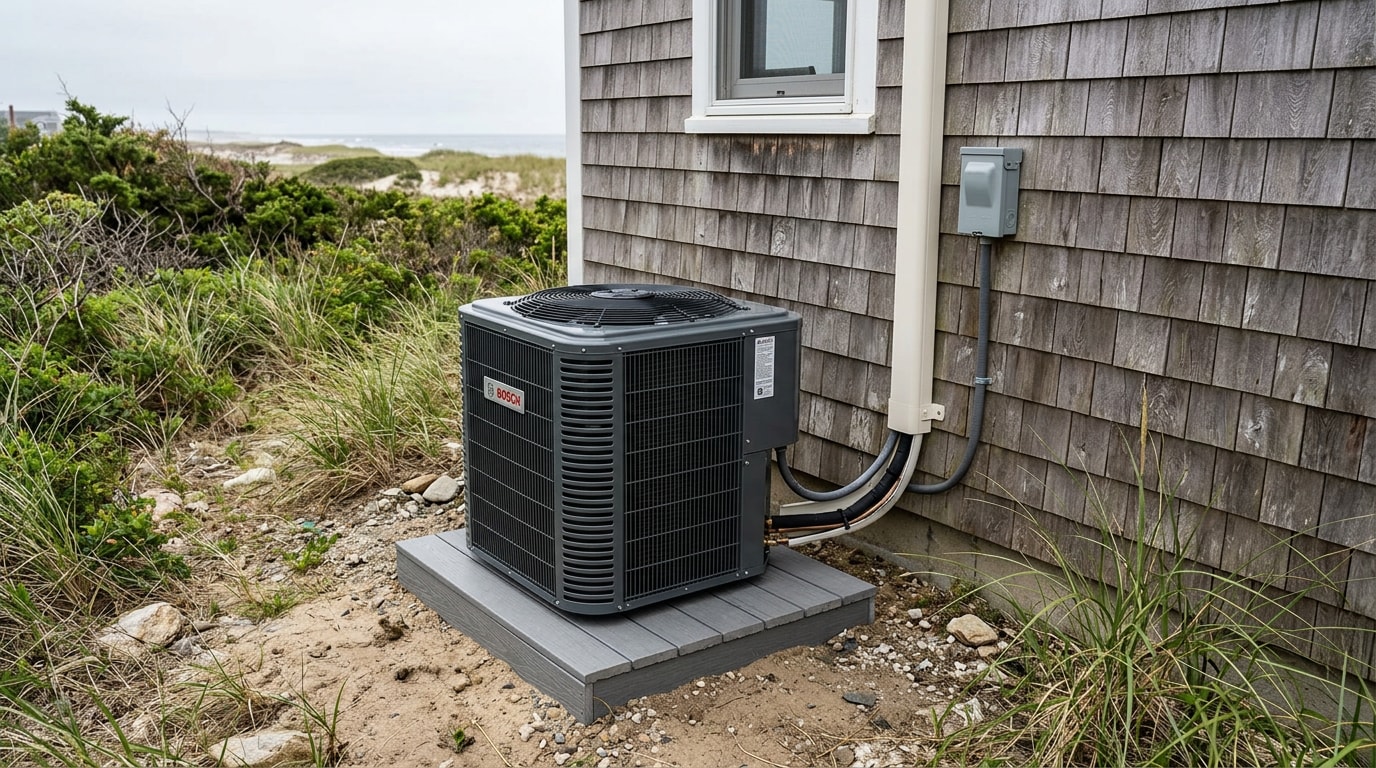 New outdoor heat pump condenser installed beside a cedar-shingled Montauk home New outdoor heat pump condenser installed beside a cedar-shingled Montauk home