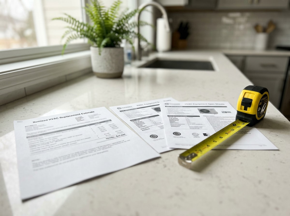 Itemized HVAC replacement estimate and equipment spec sheets laid out on a kitchen counter