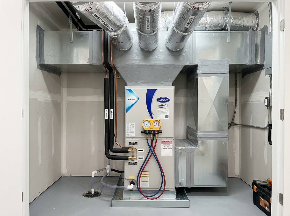 Newly installed high-efficiency air handler with sealed ductwork and labeled service gauges in a clean basement