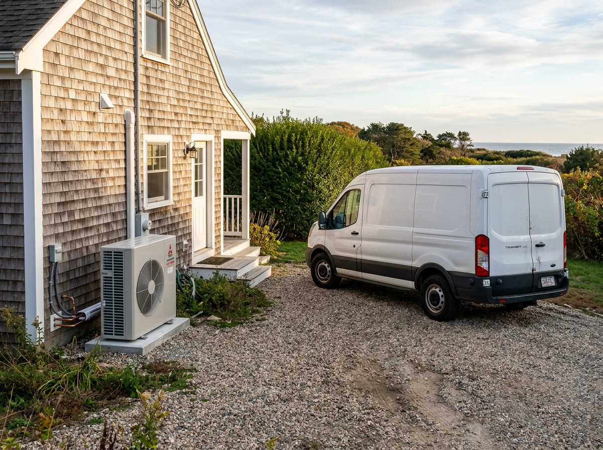 Branded HVAC service van and new outdoor heat pump unit beside a cedar shingled East Hampton home