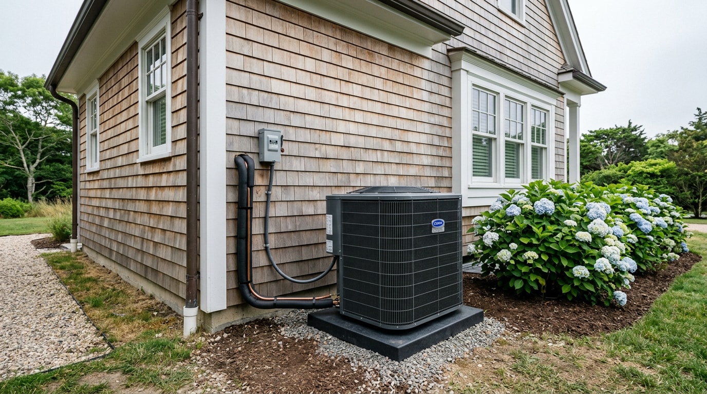 Newly installed outdoor heat pump unit beside a cedar shingled East Hampton home Newly installed outdoor heat pump unit beside a cedar shingled East Hampton home