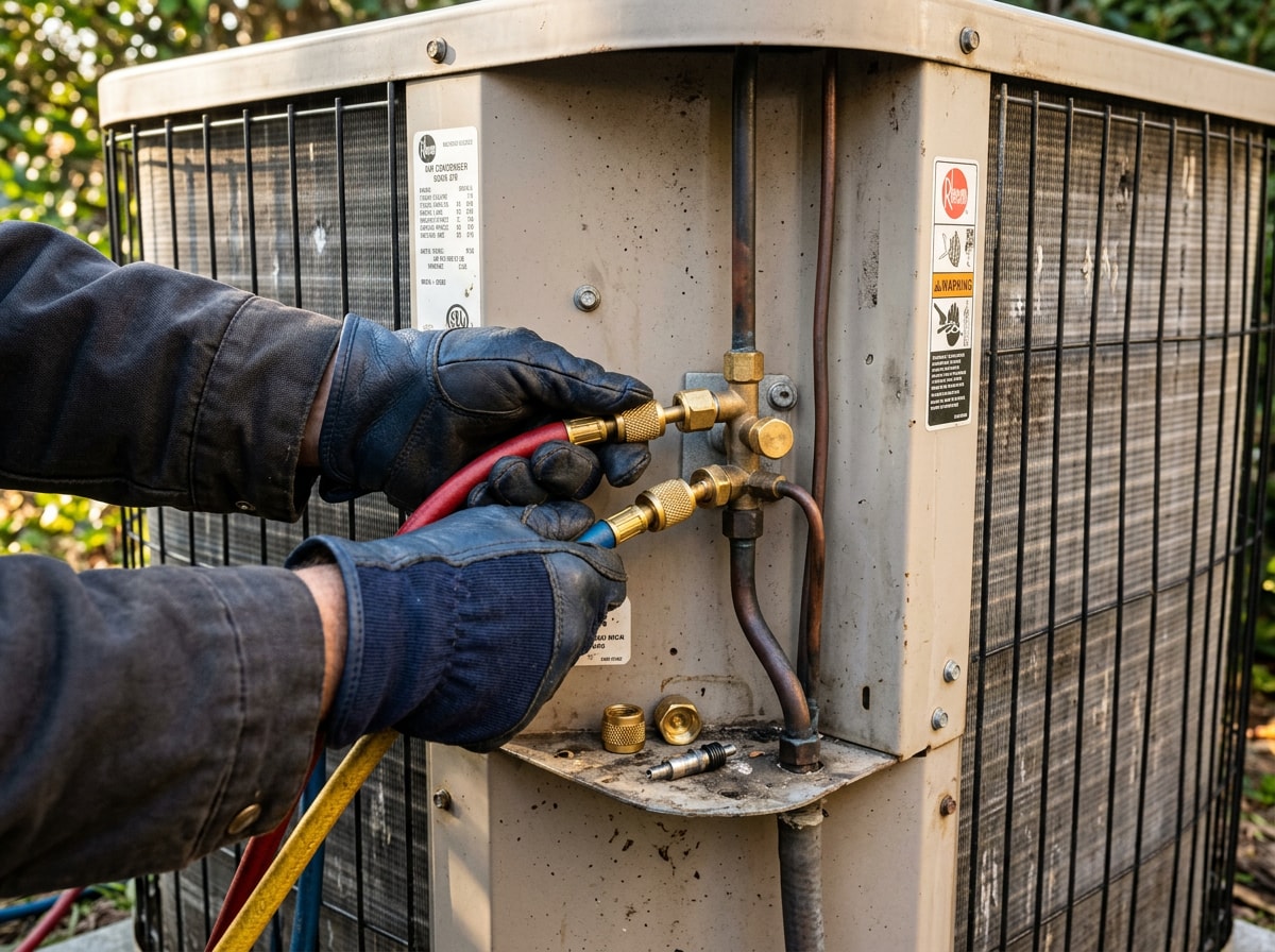 Technician connecting gauges to check refrigerant pressure on an outdoor AC condenser