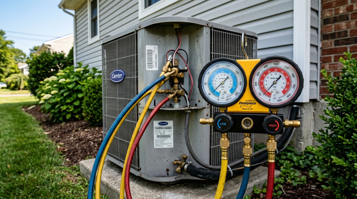 HVAC gauge manifold connected to a residential outdoor AC unit for a refrigerant recharge on Long Island HVAC gauge manifold connected to a residential outdoor AC unit for a refrigerant recharge on Long Island