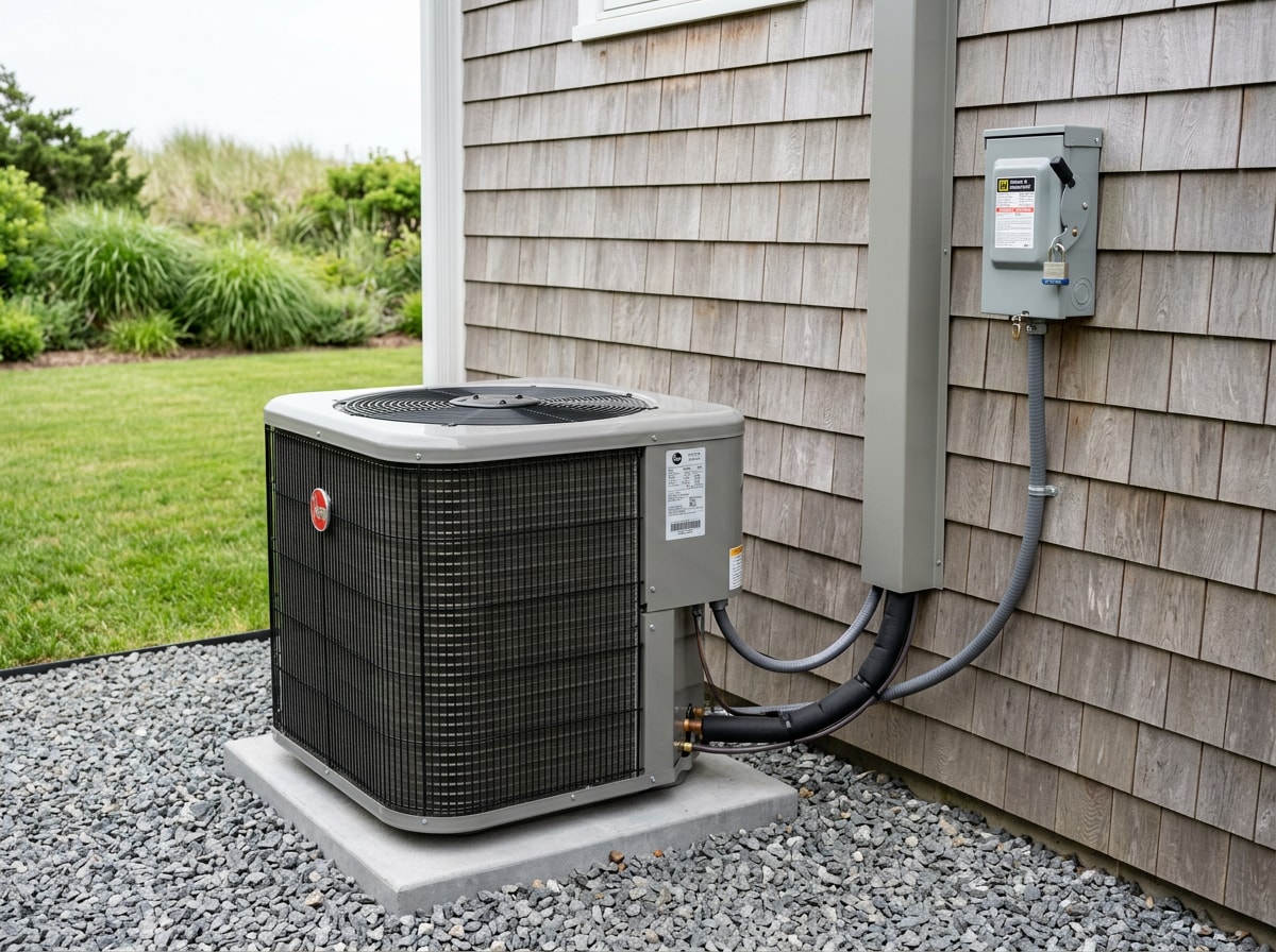 Outdoor air conditioning condenser installed on a gravel pad beside a shingled East Hampton home