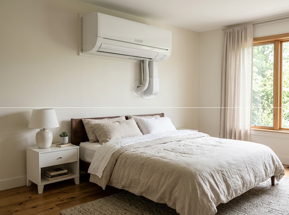 Wall mounted ductless mini split head installed in a renovated East End bedroom