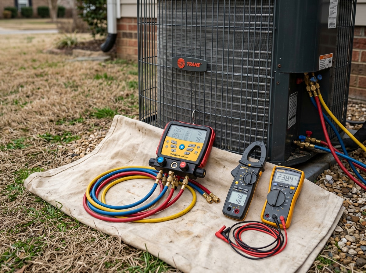 HVAC technician's pressure gauges and service tools staged beside a residential condenser unit