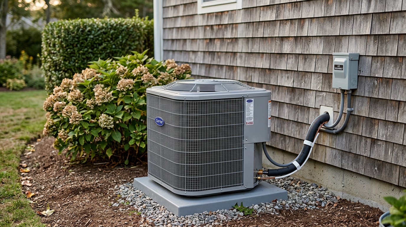 Residential AC condenser installed beside a cedar shingle home in East Hampton, NY Residential AC condenser installed beside a cedar shingle home in East Hampton, NY
