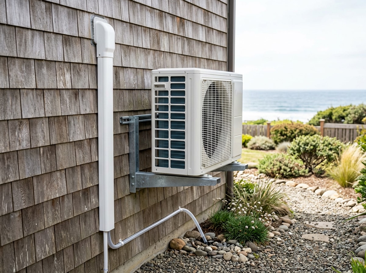 New ductless mini split outdoor unit mounted on an elevated bracket beside a Suffolk County home with neat line set covers