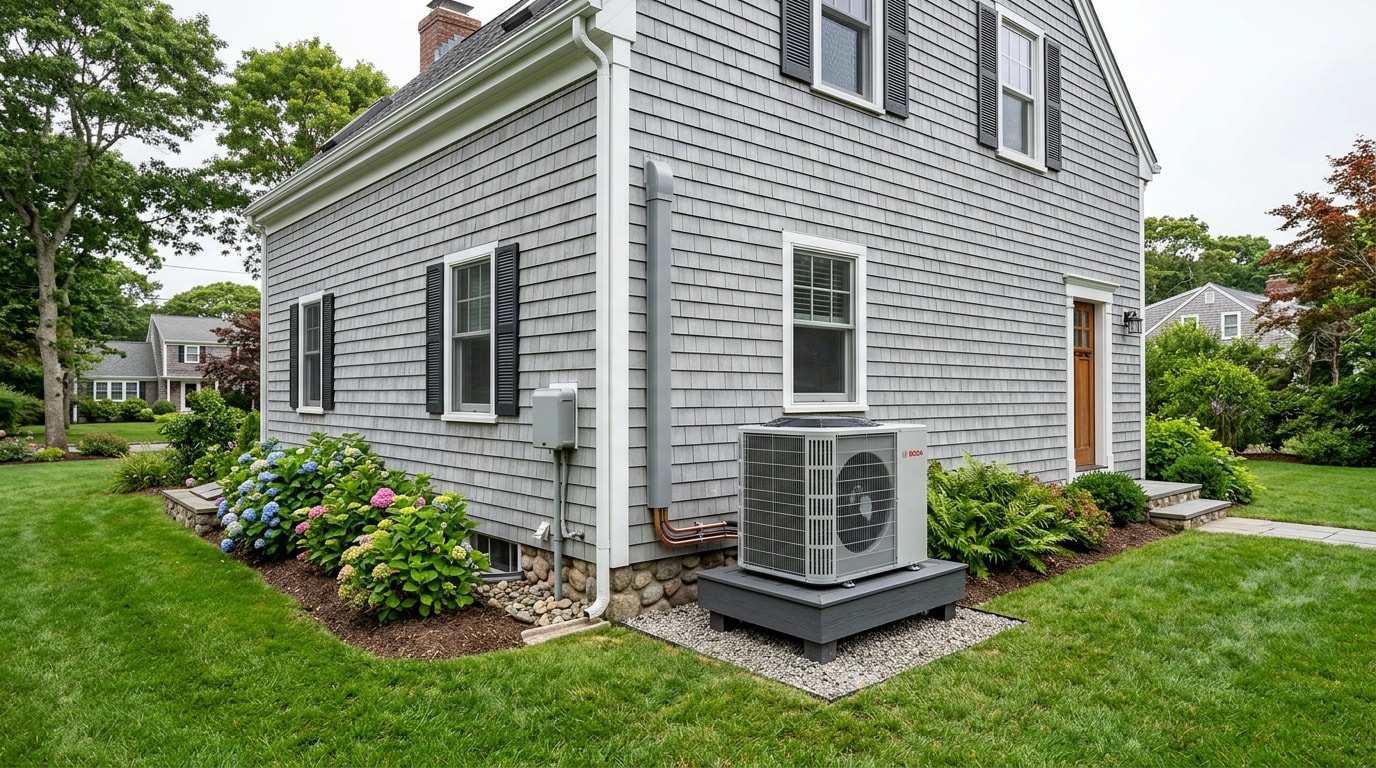 Newly installed outdoor heat pump condenser on an elevated pad beside a Suffolk County home Newly installed outdoor heat pump condenser on an elevated pad beside a Suffolk County home