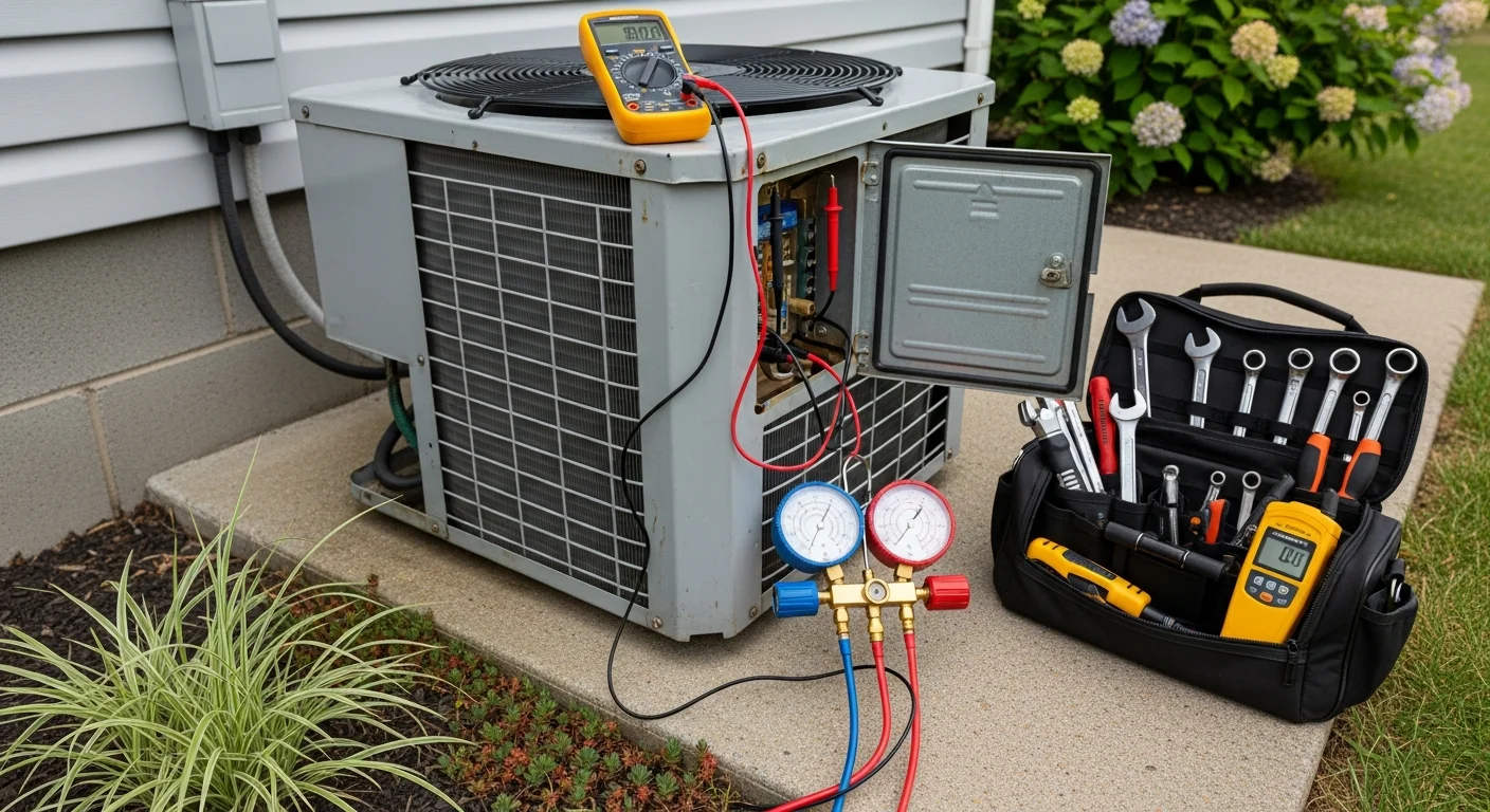 An HVAC technician inspecting the outdoor condenser unit of a central air conditioning system at a Long Island, NY residential home. The technician is checking internal components with a diagnostic tool on a clear summer day.