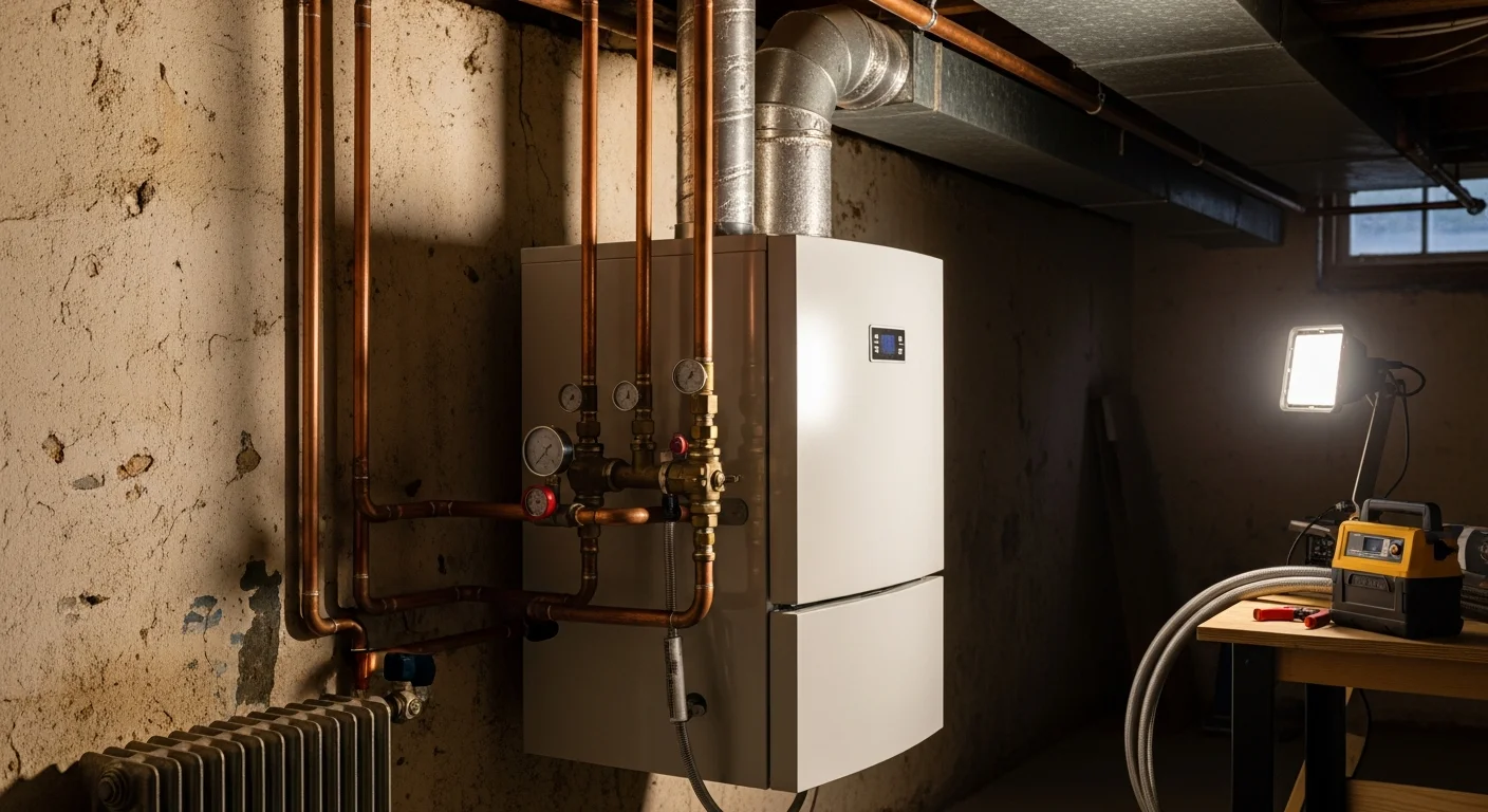 A newly installed high-efficiency boiler unit mounted in the basement of a Long Island, NY home, with copper piping connections and a clean venting setup visible. The surrounding mechanical room shows a tidy installation against a concrete block wall typical of Nassau County residential construction.