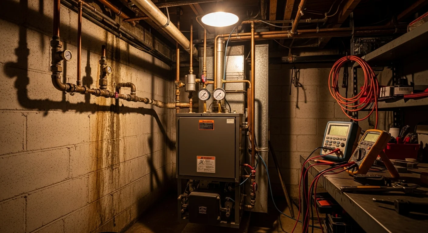 A licensed HVAC technician from A. Monte Services Corp. inspecting an outdoor condenser unit at a Long Island, NY home during an emergency service call. The technician is using diagnostic tools near the unit with a residential neighborhood visible in the background.
