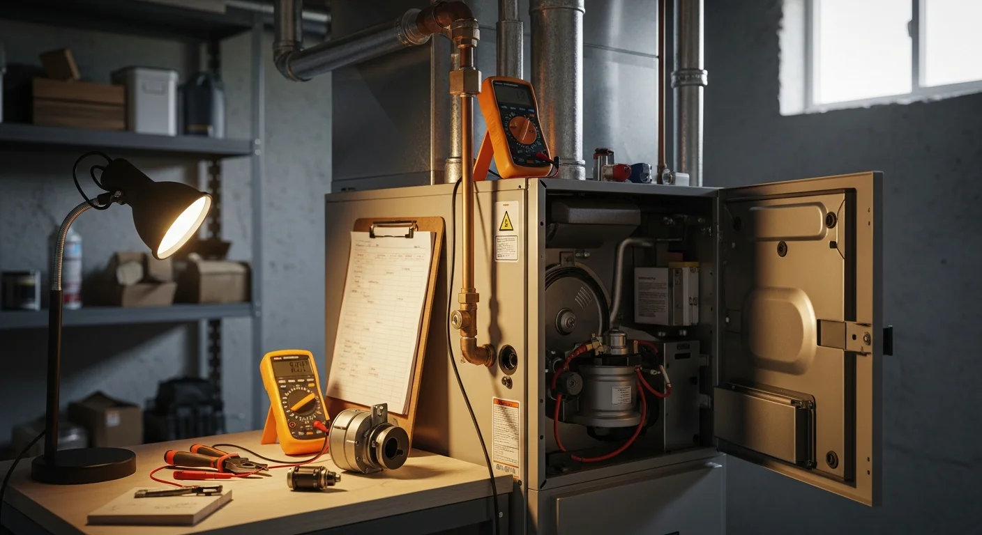 A licensed HVAC technician from A. Monte Services Corp. inspecting the internal components of a residential gas furnace during a heating system repair visit on Long Island, NY. The technician examines the burner assembly and flame sensor inside a basement utility room.
