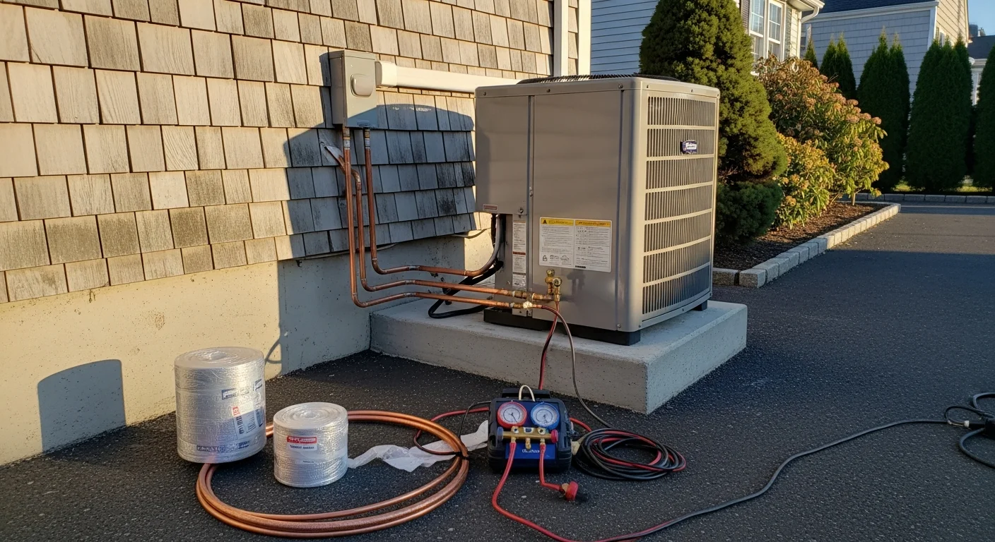 A newly installed outdoor HVAC condenser unit positioned beside a Long Island residential home, with clean refrigerant line connections and a clear equipment pad on a suburban property.