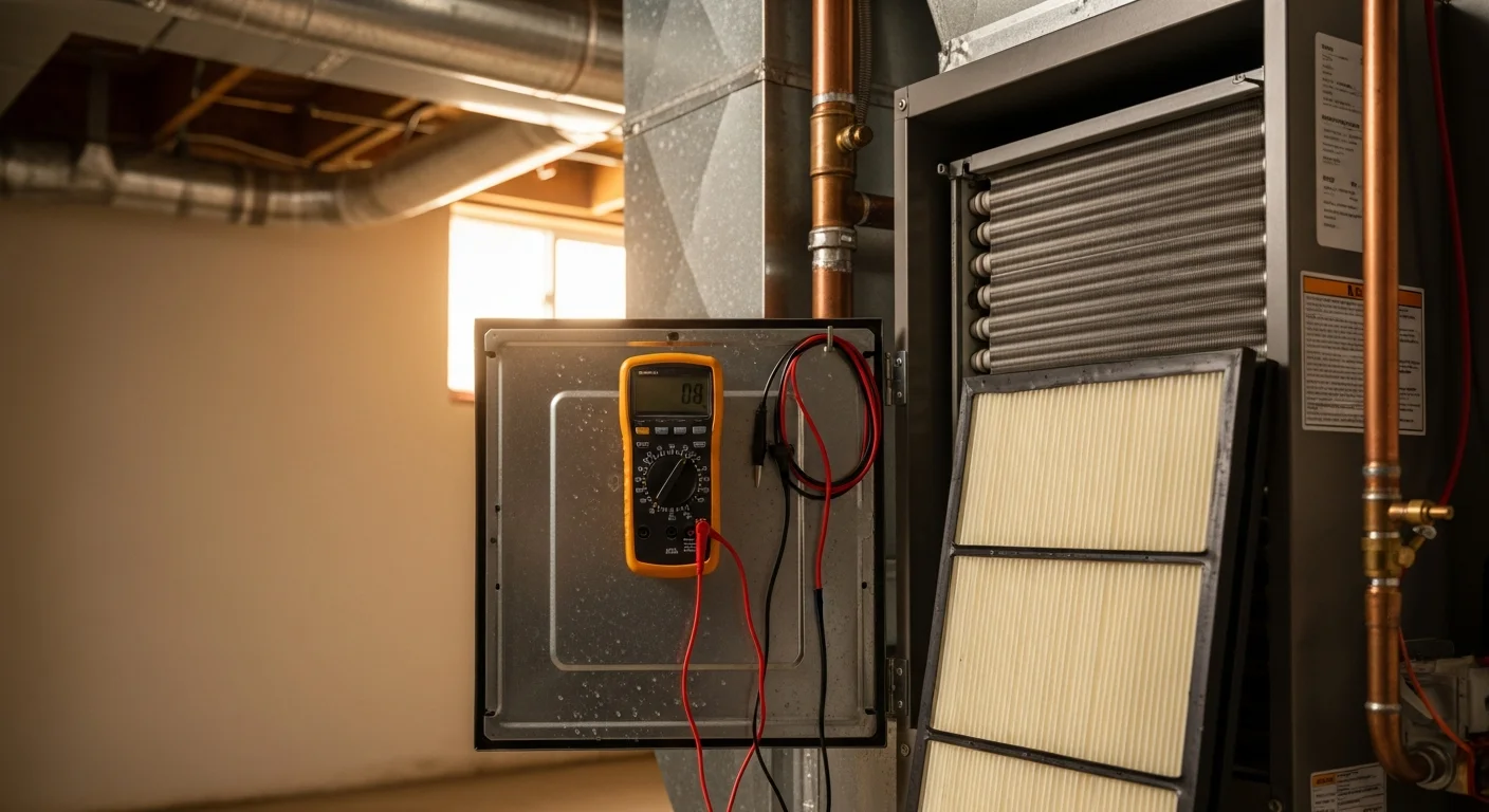 A licensed HVAC technician from A. Monte Services Corp. inspecting an outdoor condenser unit at a residential property on Long Island, NY. The technician checks coil condition and electrical components during a routine maintenance visit.