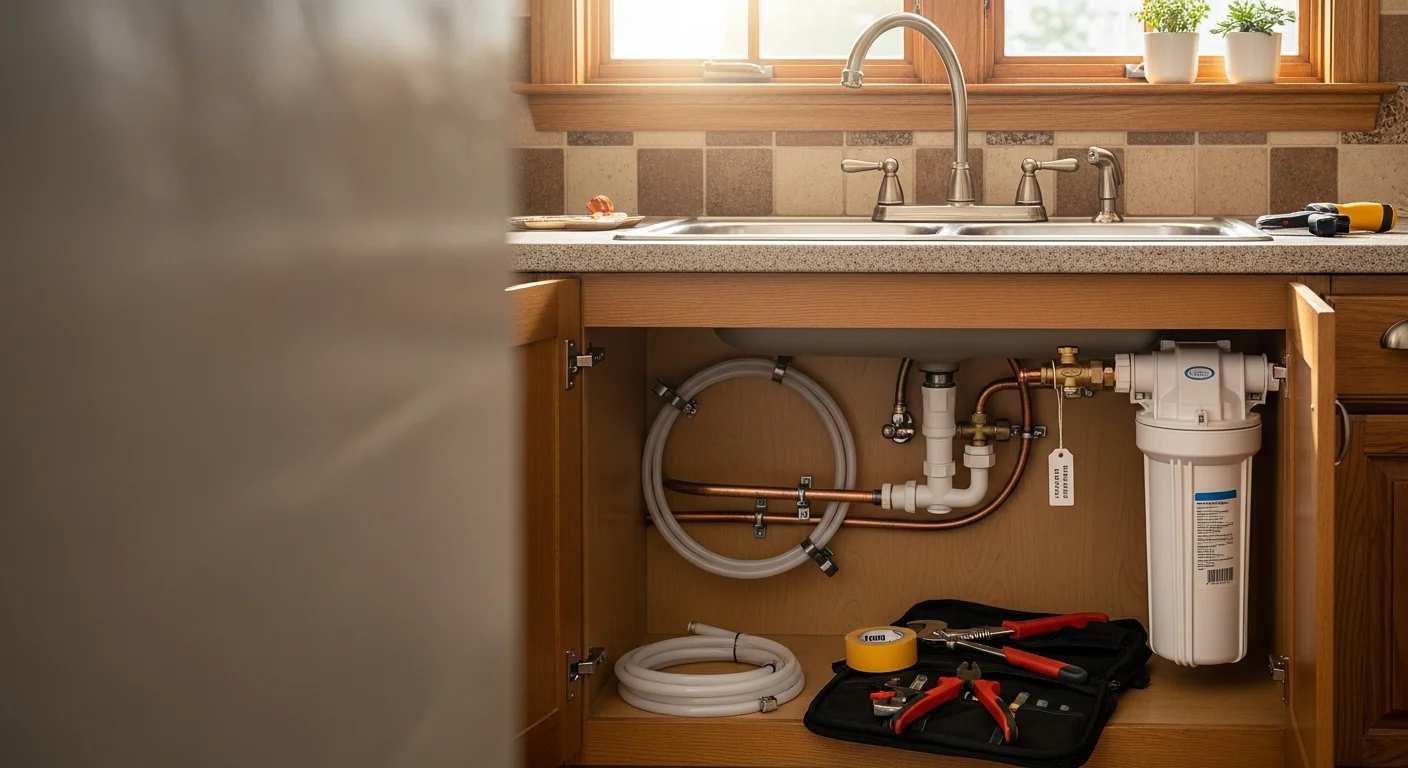 A stainless steel point-of-use water filter system mounted inside a kitchen sink cabinet on Long Island, NY, with tubing connected to the cold water supply line and a dedicated filtered water faucet visible above the countertop.