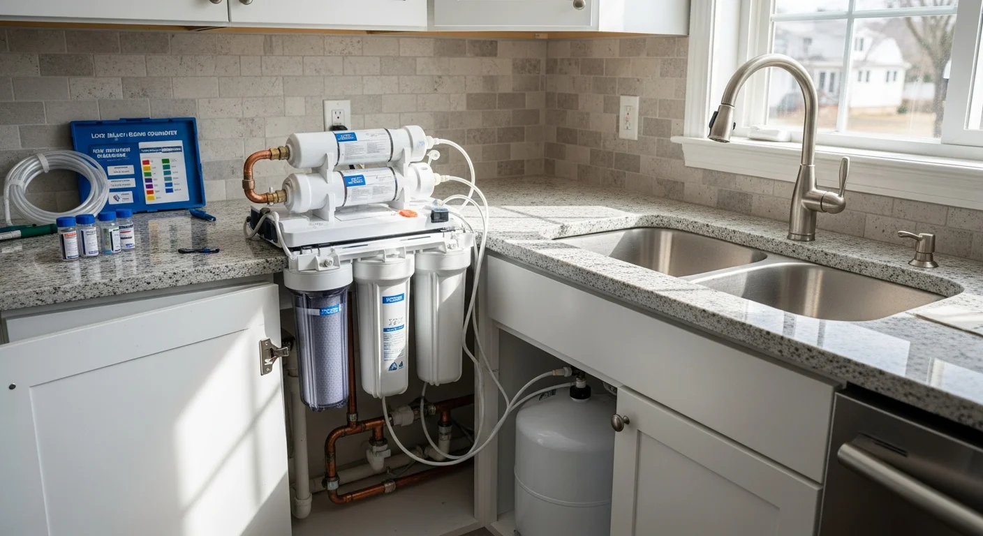 A reverse osmosis filtration unit installed under a kitchen sink in a Long Island home, with a dedicated filtered-water faucet mounted on the countertop. The storage tank and multi-stage filter housings are visible inside the cabinet, with tubing connected to the cold water supply line.