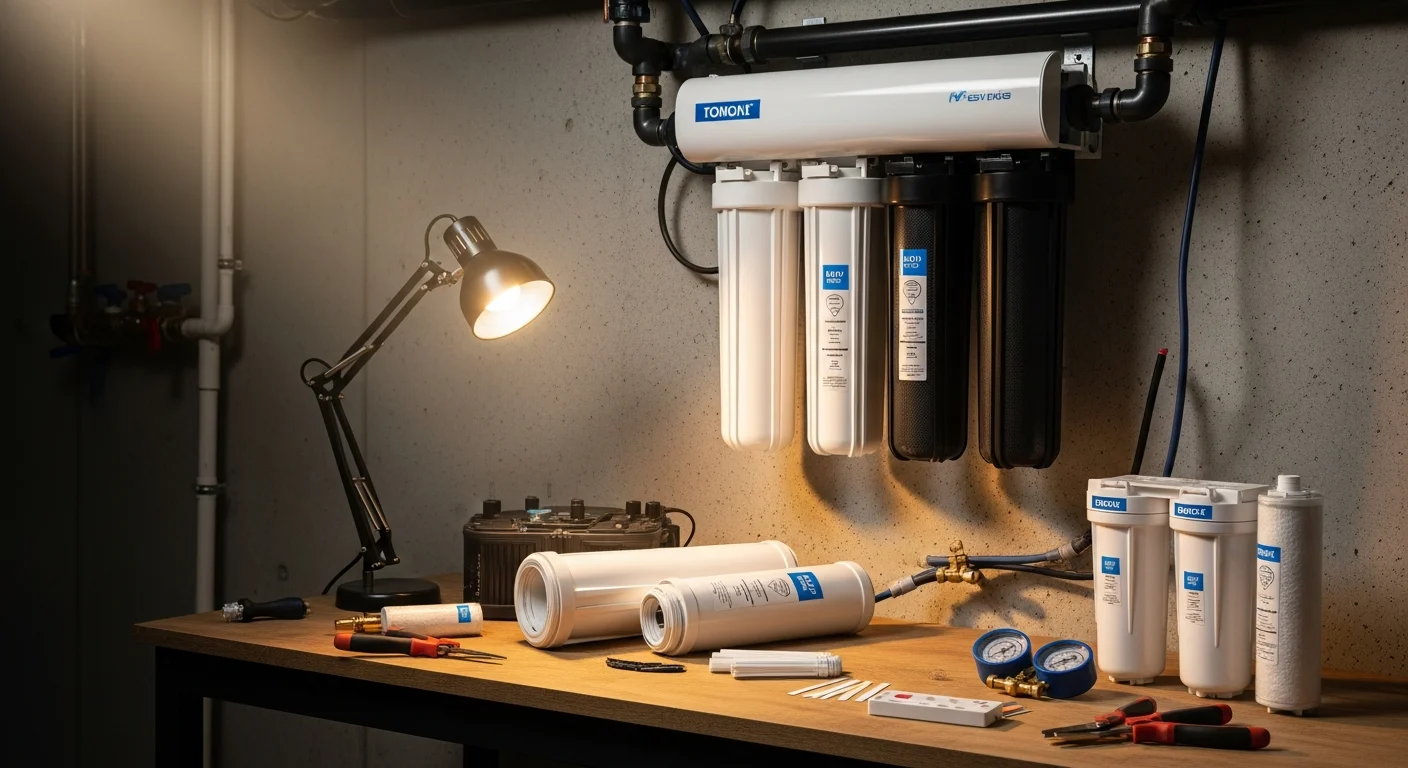 A technician from A. Monte Services Corp. inspecting a whole-home water filtration system installed in a Long Island residential utility area. The image shows filter housings, supply line connections, and a pressure gauge being checked during a routine maintenance visit.