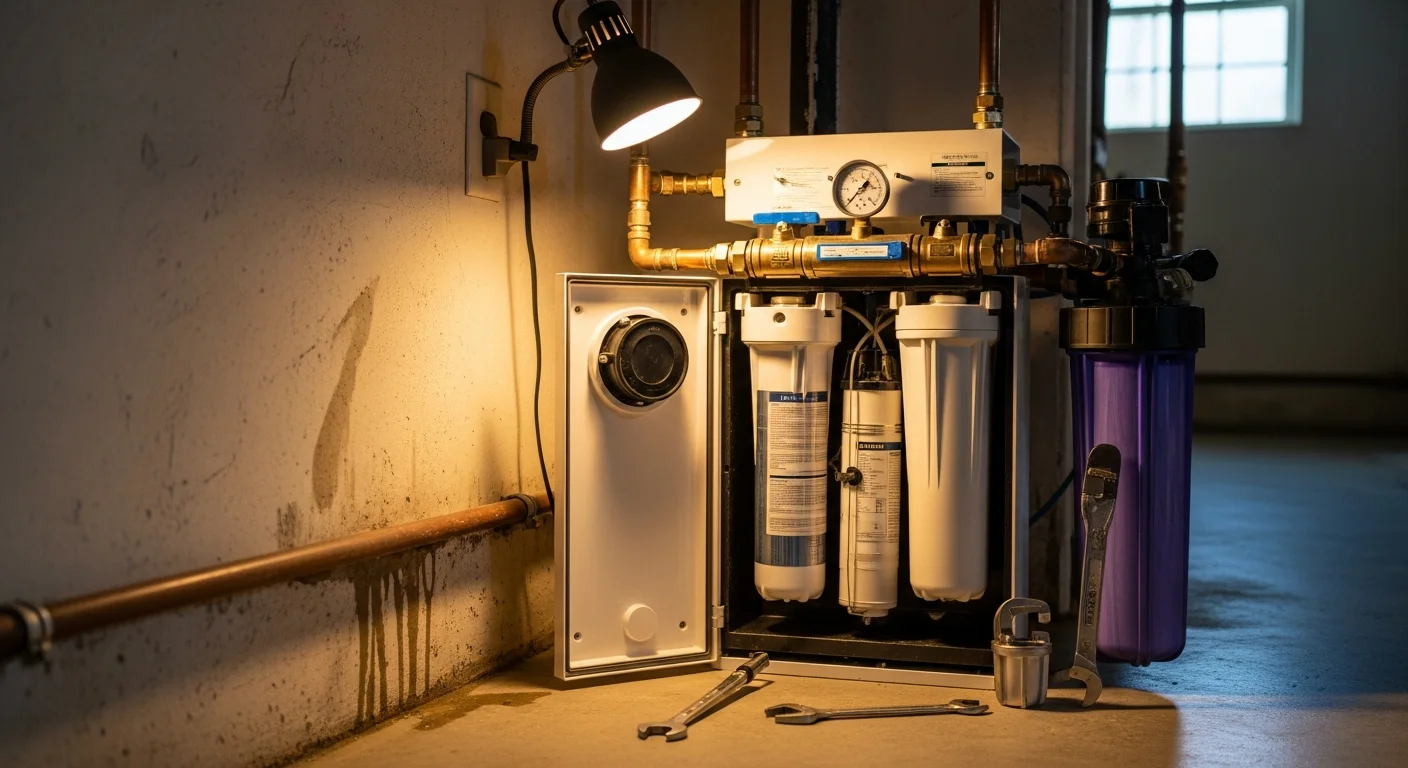 A technician inspecting and repairing a whole-house water filtration system installed in the utility area of a Long Island, NY home. The image shows filter housings, connecting pipes, and a pressure gauge being checked during a service call.