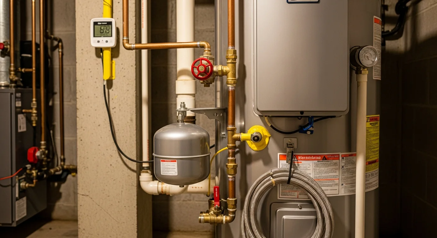 A newly installed tank water heater in a residential utility room on Long Island, NY, with properly connected gas supply line, cold and hot water pipes, and a pressure relief valve discharge pipe routed to the floor drain. The installation shows clean pipe connections and adequate service clearance around the unit.
