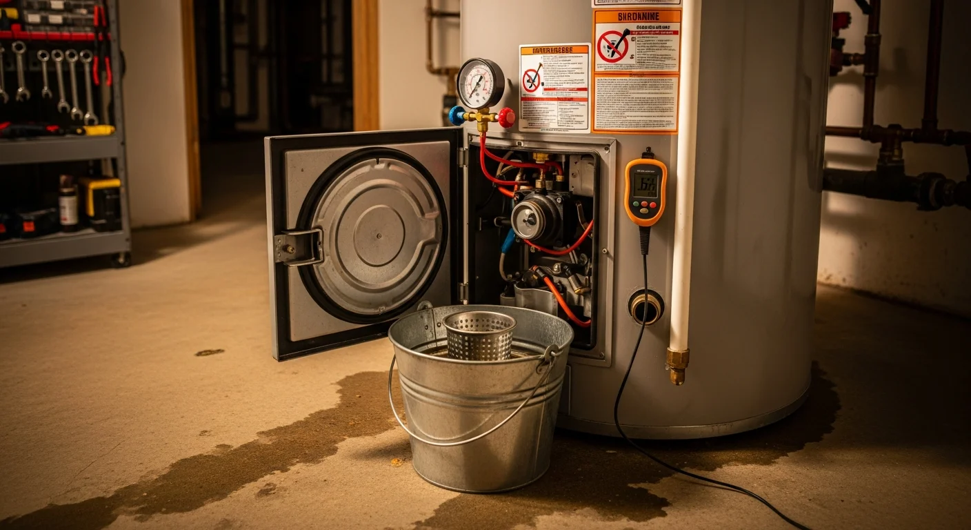 A technician from A. Monte Services Corp. inspecting a residential water heater tank in a Long Island home utility room. The technician checks the pressure relief valve and drain connection during a routine maintenance visit.