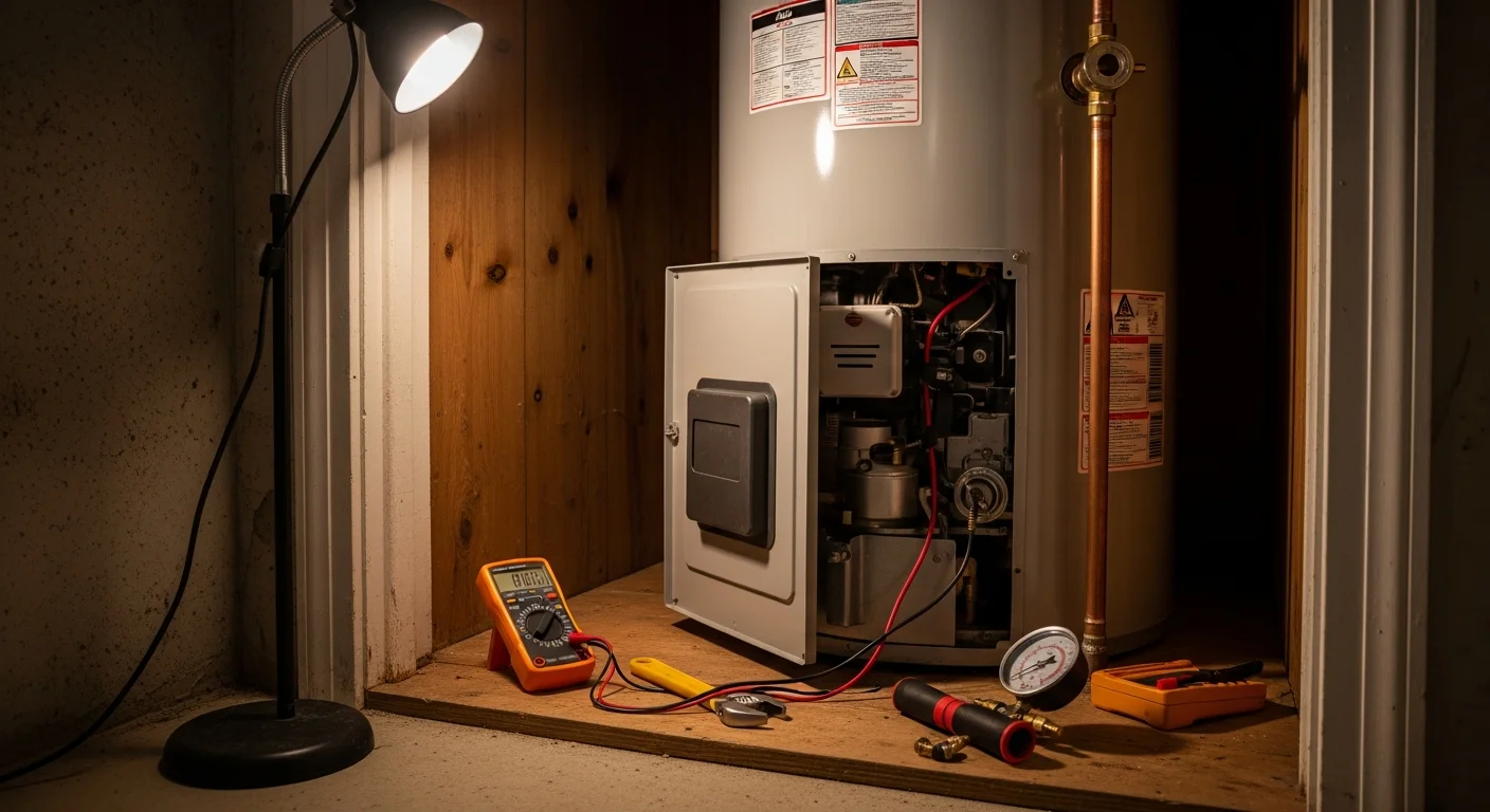A technician from A. Monte Services Corp. inspecting a residential tank water heater in a Long Island home utility room. The unit shows signs of sediment buildup and the technician is checking the T&P valve and connections.