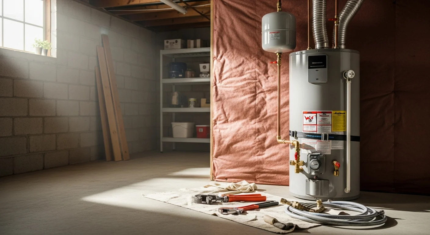 A newly installed tank water heater in a Long Island home basement utility room, with fresh copper pipe connections and a clean drip pan beneath the unit. The old unit has been removed and the surrounding area is clear and dry.