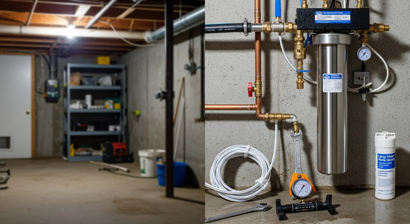 A whole home water filtration system installed on the main supply line inside a Long Island home's basement utility area, with bypass valves and filter housings securely mounted to the wall. The plumbing connections are clean and properly fitted, with the main water line running through the inline filtration unit.